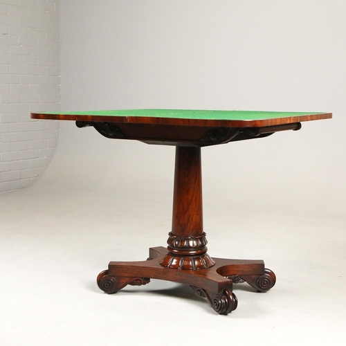 447 - WILLIAM IV ROSEWOOD CARD TABLE. circa 1830, with green baize top and brass castors, 74cm H x 81cm W ... 