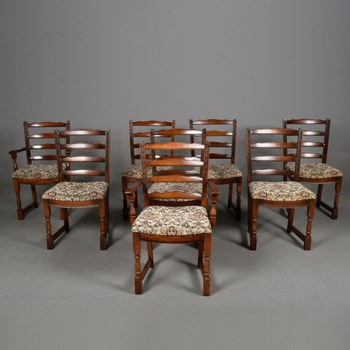 449 - SET OF EIGHT LADDER BACK DINING CHAIRS (8). including two armchairs with tapestry style seats, 90cm ... 