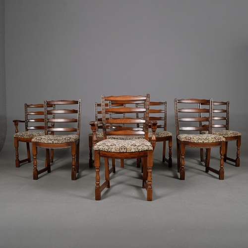 449 - SET OF EIGHT LADDER BACK DINING CHAIRS (8). including two armchairs with tapestry style seats, 90cm ... 