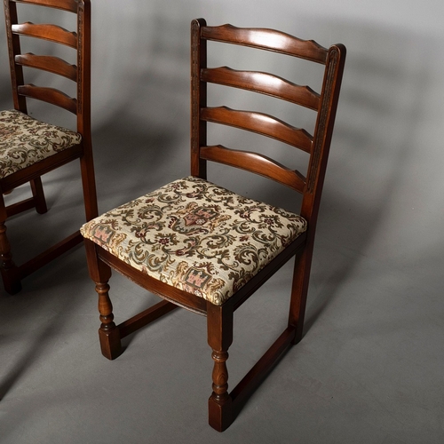 449 - SET OF EIGHT LADDER BACK DINING CHAIRS (8). including two armchairs with tapestry style seats, 90cm ... 