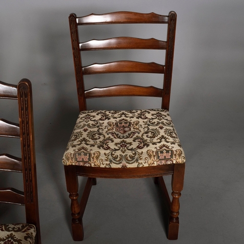 449 - SET OF EIGHT LADDER BACK DINING CHAIRS (8). including two armchairs with tapestry style seats, 90cm ... 