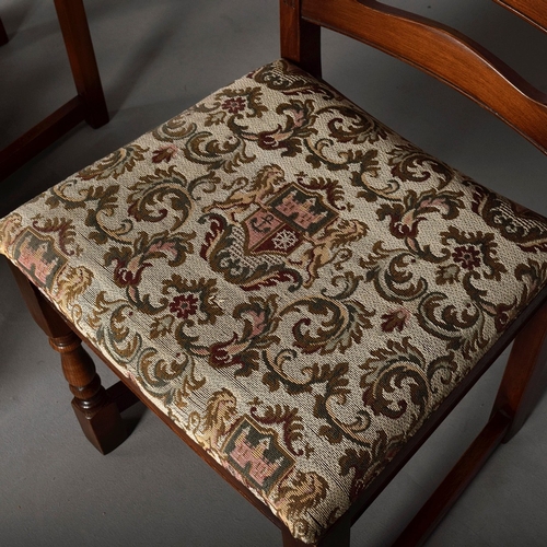 449 - SET OF EIGHT LADDER BACK DINING CHAIRS (8). including two armchairs with tapestry style seats, 90cm ... 