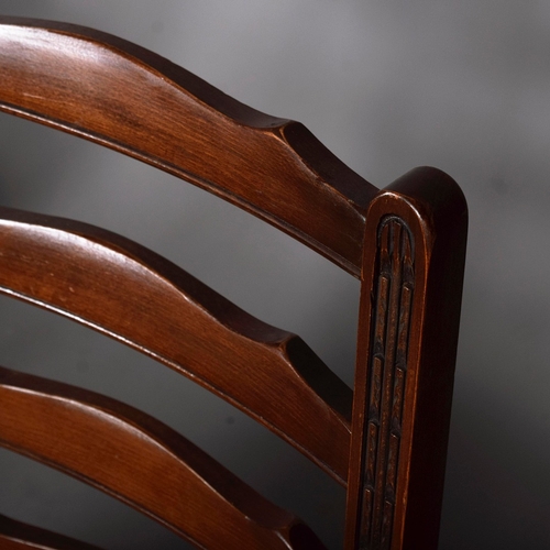 449 - SET OF EIGHT LADDER BACK DINING CHAIRS (8). including two armchairs with tapestry style seats, 90cm ... 