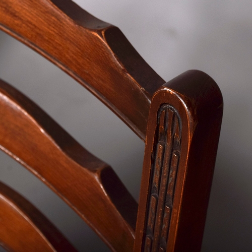 449 - SET OF EIGHT LADDER BACK DINING CHAIRS (8). including two armchairs with tapestry style seats, 90cm ... 