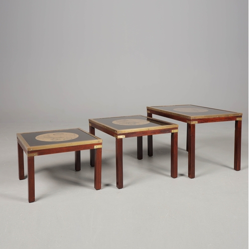 456 - NEST OF THREE TABLES (3). campaign style brass bound with map lined and glazed tops, largest 46cm H ... 