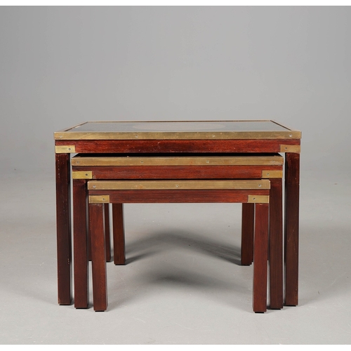 456 - NEST OF THREE TABLES (3). campaign style brass bound with map lined and glazed tops, largest 46cm H ... 