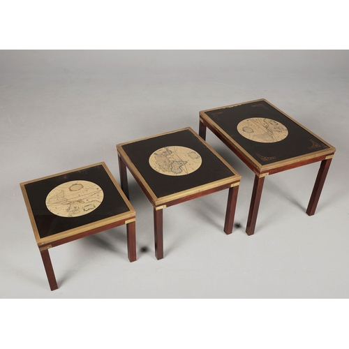 456 - NEST OF THREE TABLES (3). campaign style brass bound with map lined and glazed tops, largest 46cm H ... 