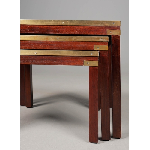 456 - NEST OF THREE TABLES (3). campaign style brass bound with map lined and glazed tops, largest 46cm H ... 