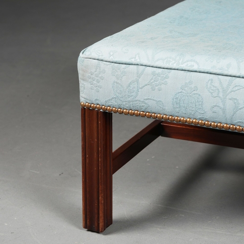 462 - GEORGIAN STYLE HEARTH STOOL. blue foliate upholstery, 35cm H x 103cm W x 62cm D.