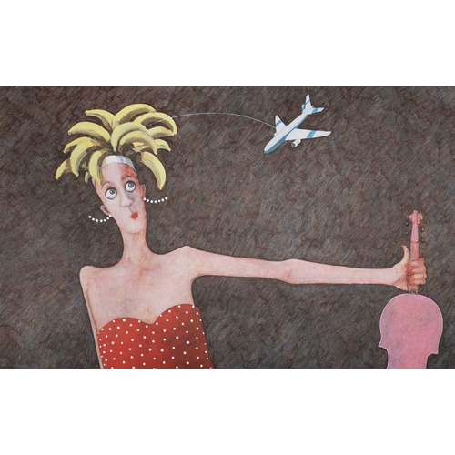 36 - ANDREW PAINTER (B. 1957) LADY WITH VIOLIN oil on canvas, 145cm x 112cm, framed.