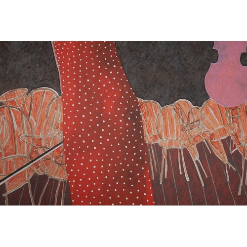 36 - ANDREW PAINTER (B. 1957) LADY WITH VIOLIN oil on canvas, 145cm x 112cm, framed.