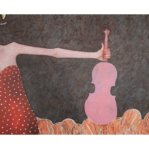 36 - ANDREW PAINTER (B. 1957) LADY WITH VIOLIN oil on canvas, 145cm x 112cm, framed.