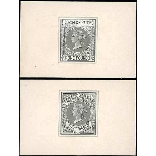 15 - Companies registration: 1867 6d, 1s, 5s and £1 stamp sized die proofs in black on glazed card, two f... 