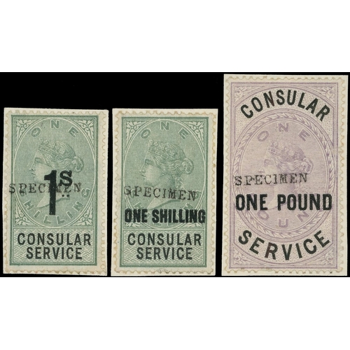 18 - Consular Service: 1886 DLR Key type 1s green (2), and £1 lilac, each affixed to small archive piece ... 