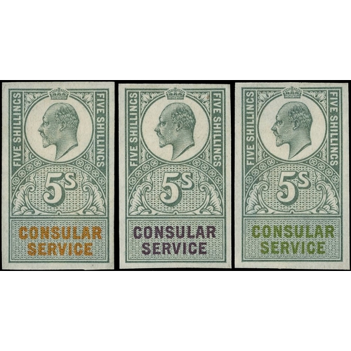 21 - Consular Service: c. 1904 trio of imperforate colour trials in green denominated 5s, printed on gumm... 