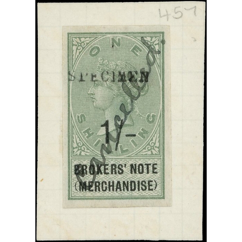 26 - Contract Note: QV De La Rue Key Type 1s green, imperforate, surcharged ‘1/-’ in black with unissued ... 