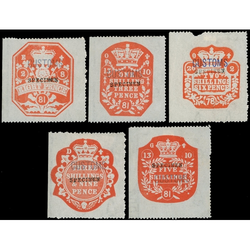 28 - Customs: 1875 8d to 5s orange-red, complete set of 5 perf 12½ adhesive embossed, wmk SCALES, fresh l... 