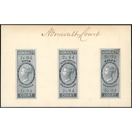 3 - Admiralty Court: 1854 1d, 2s6d and 5s stamp sized die proofs in black on glazed card, mounted in sun... 