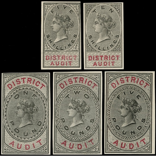 31 - District Audit: c.1879 set of five stamp-sized imperforate die proofs in black on thin card, denomin... 