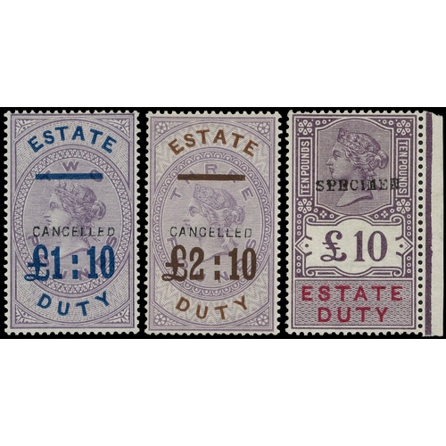 32 - Estate Duty: 1894 £1.10 on £2 and £2.20 on £3, each opt ‘CANCELLED’ type 14, and £10 reddish lilac a... 