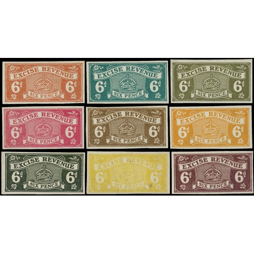 33 - c.1916 series of nine colour trials on unwatermarked gummed paper, denominated 6d, in orange, blue-g... 