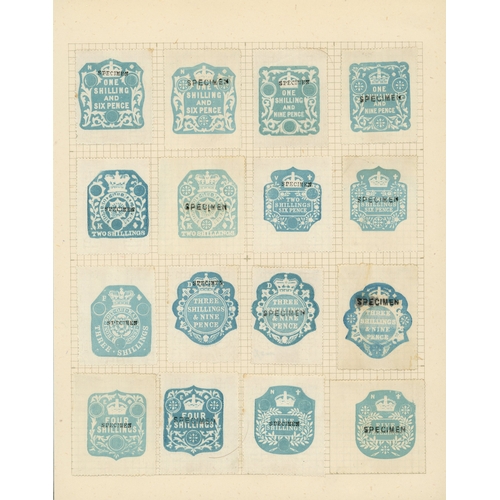 36 - General Duty: 1882-86 embossed adhesives, 3d to £10 pale blue complete specimen set of SEVENTY SEVEN... 