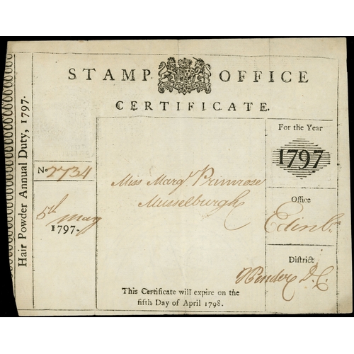 43 - Hair Powder Duty: 1797 (6 May) ‘Stamp Office certificate’ for payment of ‘Hair Powder Annual Duty, 1... 