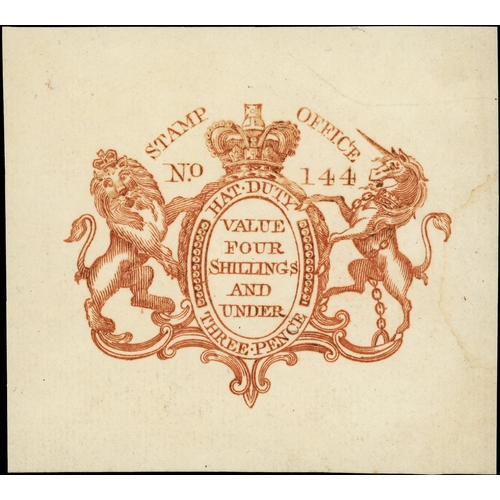 47 - Hat Tax: 1796 3d Chestnut (for hats ‘VALUE FOUR SHILLINGS AND UNDER’) proof impression on thick laid... 