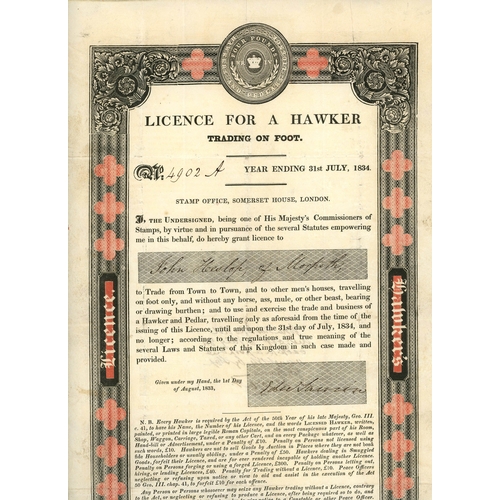 48 - 1833 complete Licence for a Hawker (244 x 380mm) for the year 1833, bearing at top £4 direct embosse... 