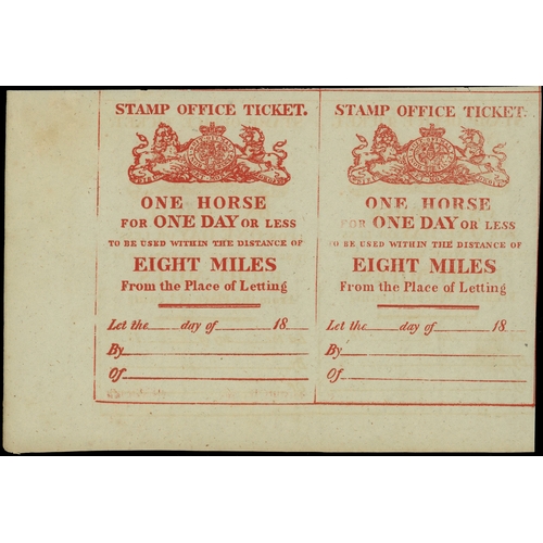 48A - Hired Horse Duty: 1827 Mileage Ticket for ‘ONE HORSE/ FOR EONE DAY OR LESS’, in red, Booth Type 54-A... 
