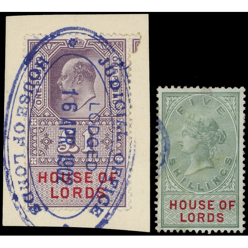 51 - House of Lords: 1902 £1 red and violet, fine used, tied to piece with complete ‘JUDICIAL OFFIC/HOUSE... 