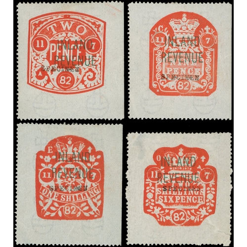 53 - Inland Revenue: 1882 2d to 2s6d wmk orbs complete set of four, each handstamped ‘SPECIMEN’ type 9, f... 