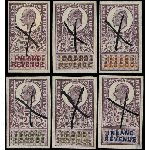 55 - Inland Revenue: c. 1904 group of six imperforate colour trials in deep purple denominated 5s, printe... 