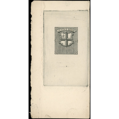 57 - Justice Room: c.1869 unappropriated Master Die Proof in black on white card (65 x 129mm) showing ful... 