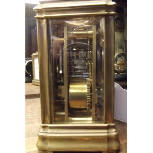 120 - Small late 19th Century English gilded brass cased carriage clock, the repeat movement striking on a... 