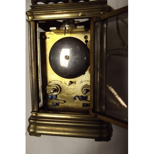 120 - Small late 19th Century English gilded brass cased carriage clock, the repeat movement striking on a... 