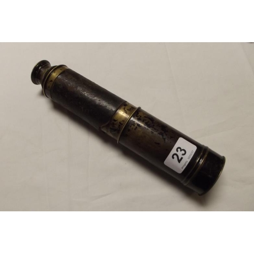 23 - Antique lacquered brass three draw telescope, 32 in. extended.