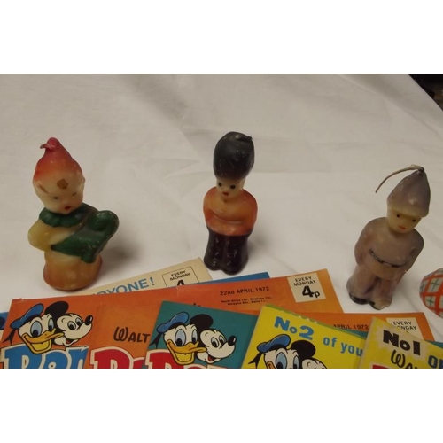 35 - Eight 1970's Walt Disney Donald and Mickey comics, various vintage figural candles, etc.