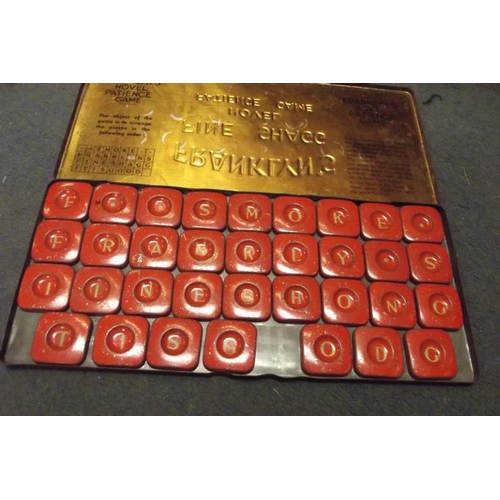 37 - Vintage tinplate Franklyn's Fine Shagg novelty patience game, containing 35 lettered tiles, etc.