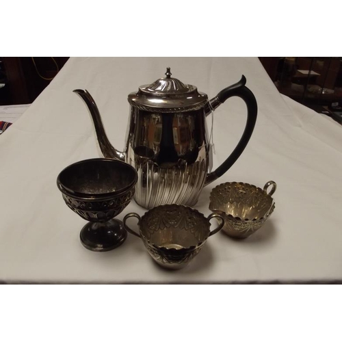 4 - Silver plated jug and bowl with embossed decoration, a plated sugar basin with pierced sides and pla... 