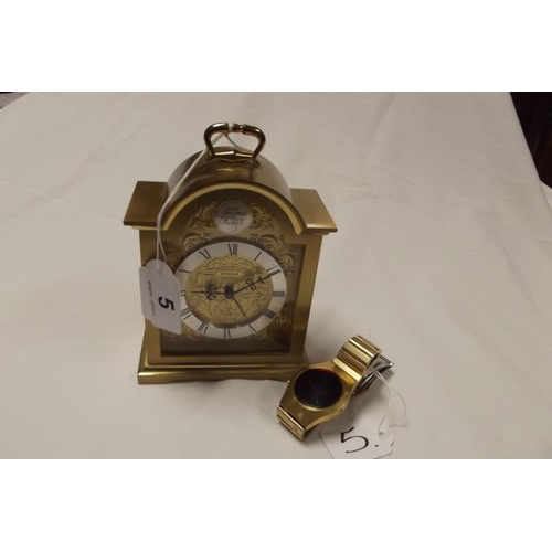 5 - Swiza gilt cased 'bracket clock' alarm clock, 6.25 in. high, and a retro LED gents wristwatch.