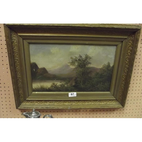 87 - 19th Century oil painting on board, extensive mountainous lake view.