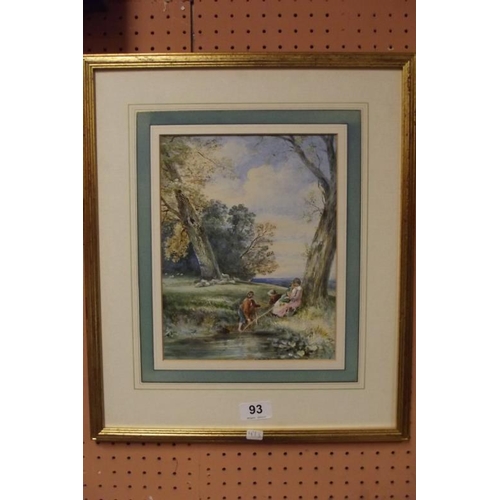 93 - J. Aumonier, watercolour - children beside pond, signed lower left.