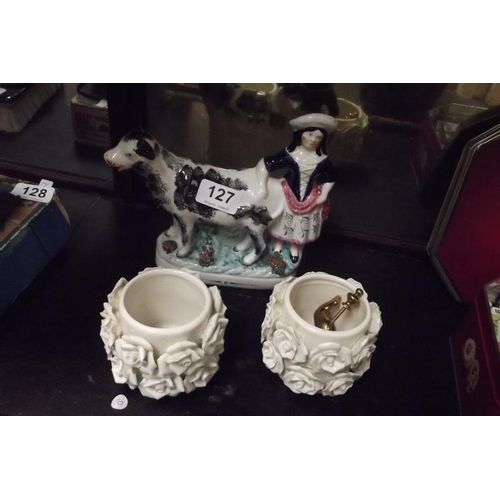 127 - Late 19th Century Staffordshire cow creamer, two floral encrusted pots, etc.