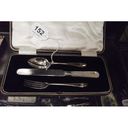 152 - George V silver christening set, knife, fork and spoon, Sheffield 1927, in plush lined case.