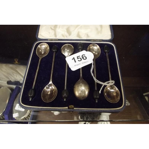 156 - Set of six silver coffee spoons with bean handles, in plush lined case.