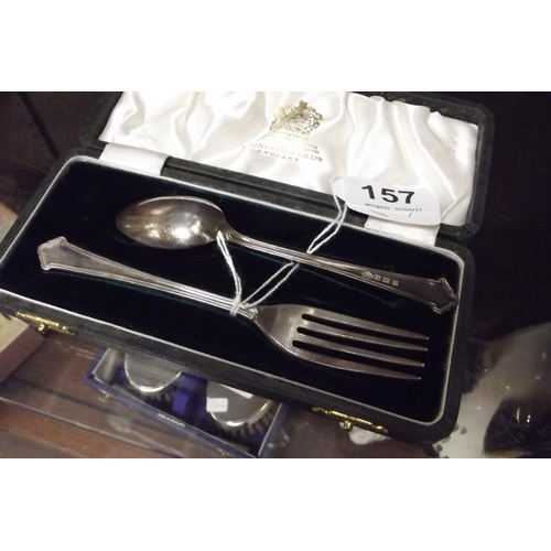 157 - Silver christening set, fork and spoon, Birmingham 1963, in plush fitted case.