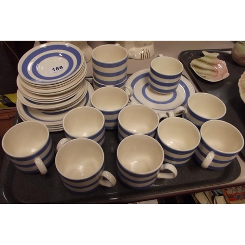 188 - Blue and cream banded Cornish Ware style tea service, approximately 30 pieces.