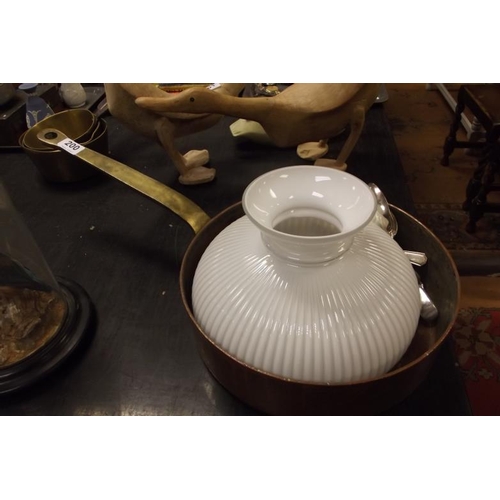 200 - Large copper pan with brass handle, and an opaque glass lightshade.