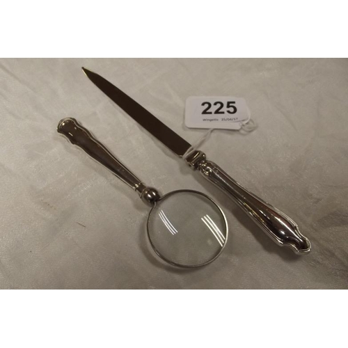 225 - Silver handled magnifying glass with matching letter opener.